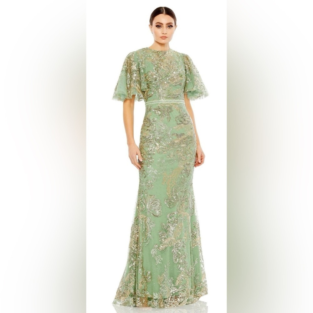 Mac Duggal Mint Green and Gold Embellished Lace Maxi Gown